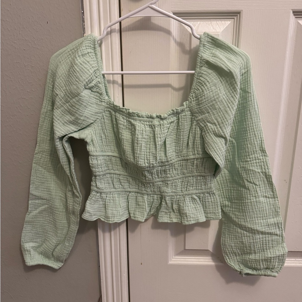 Green Smocked Puff Sleeve Blouse